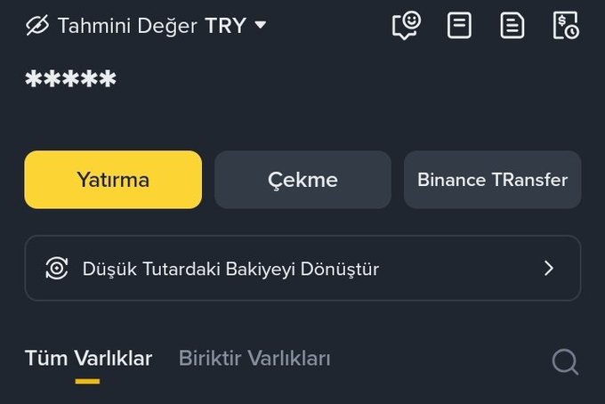 A screenshot of the Binance TR interface showing options for "Yatırma" (Deposit), "Çekme" (Withdraw), and "Binance TRansfer," along with a "Düşük Tutardaki Bakiyeyi Dönüştür" (Convert Low Balance) button. This illustrates the post's tip about easily consolidating forgotten small crypto balances into BNB or TRY on Binance TR.