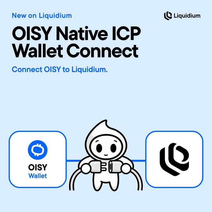 A promotional graphic from Liquidium announcing "New on Liquidium: OISY Native ICP Wallet Connect," featuring a cartoon mascot bridging the OISY Wallet and Liquidium logos to illustrate the direct wallet integration. The image visually reinforces the announcement by showing how OISY users can now connect their native ICP wallet straight to Liquidium without needing an ICP deposit address.