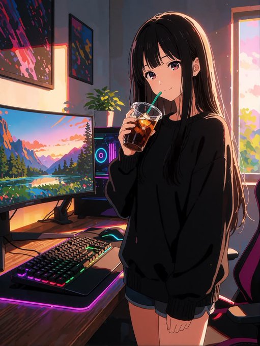 An anime-style girl with long dark hair stands in a vibrant gaming setup, sipping an iced drink while leaning against her RGB-lit desk. The cozy, stream-ready atmosphere mirrors the post's theme of climbing leaderboards and earning XP, fitting the gamified progression loop of @PlayOnMint and its $MNTD rewards ecosystem.