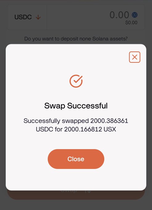 A mobile app confirmation screen shows a 'Swap Successful' message, indicating that 2000.386361 USDC was successfully swapped for 2000.166812 USX, with an orange 'Close' button.