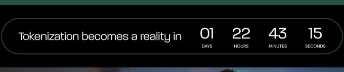 A dark countdown timer banner reads 'Tokenization becomes a reality in' with 01 days, 22 hours, 43 minutes, and 15 seconds remaining.