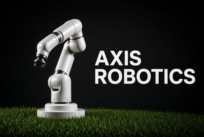 A promotional graphic for 'AXIS ROBOTICS' featuring a white robotic arm standing on green grass against a dark background.