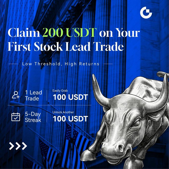 A blue-toned financial advertisement promotes "Claim 200 USDT on Your First Stock Lead Trade" with the subheading "Low Threshold, High Returns," offering "100 USDT" for "1 Lead Trade" and another "100 USDT" for a "5-Day Streak," featuring a silver bull statue.