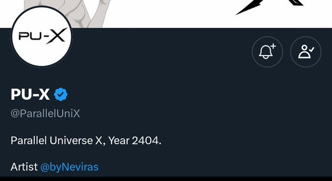 A profile page for the verified NFT collection 'PU-X' (@ParallelUniX) on X, with the bio 'Parallel Universe X, Year 2404. Artist @byNeviras'.