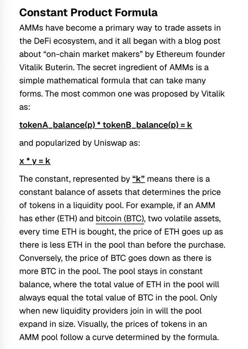 The image is a text excerpt explaining the "Constant Product Formula," the foundational AMM equation x * y = k popularized by Uniswap, mentioning Vitalik Buterin's original "on-chain market makers" post and using ETH and BTC as an example. It relates to the post by highlighting that Uniswap itself built on prior innovations (notably from Bancor), supporting the argument that labeling Aerodrome as merely a "fork" overlooks the broader lineage of AMM concepts Uniswap itself adapted.
