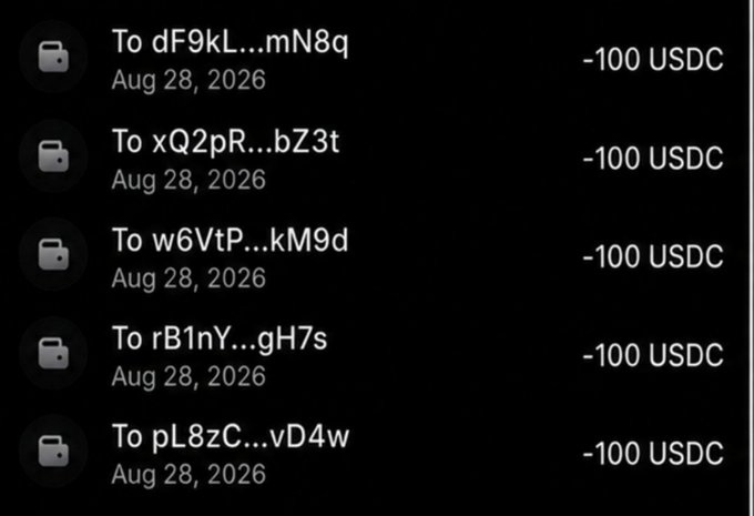 A crypto wallet transaction history shows five outgoing transfers of -100 USDC each to different addresses (dF9kL...mN8q, xQ2pR...bZ3t, w6VtP...kM9d, rB1nY...gH7s, pL8zC...vD4w) on Aug 28, 2026. This supports the post's claim of "5" transfers at $100 each, though the current offer advertised in the caption is $50 for 10.