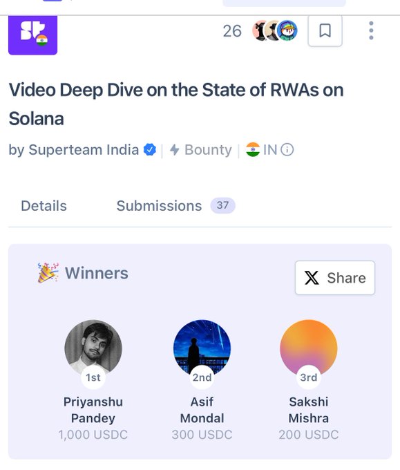 A Superteam India bounty page titled 'Video Deep Dive on the State of RWAs on Solana' showing winners: 1st Priyanshu Pandey (1,000 USDC), 2nd Asif Mondal (300 USDC), and 3rd Sakshi Mishra (200 USDC).