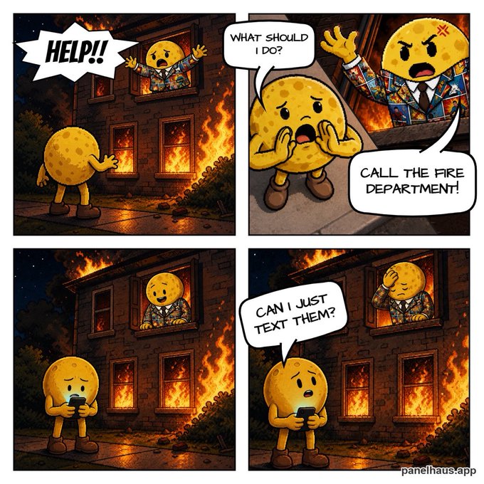 A four-panel comic by panelhaus showing cookie characters in a burning house, where one character yells 'HELP!!' and another tells them to 'CALL THE FIRE DEPARTMENT!' before asking 'CAN I JUST TEXT THEM?'