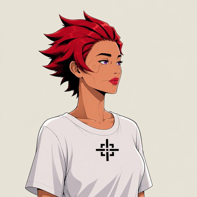 Anime-style character with spiky red hair, freckles, and facial markings wearing a white shirt with a black geometric symbol.