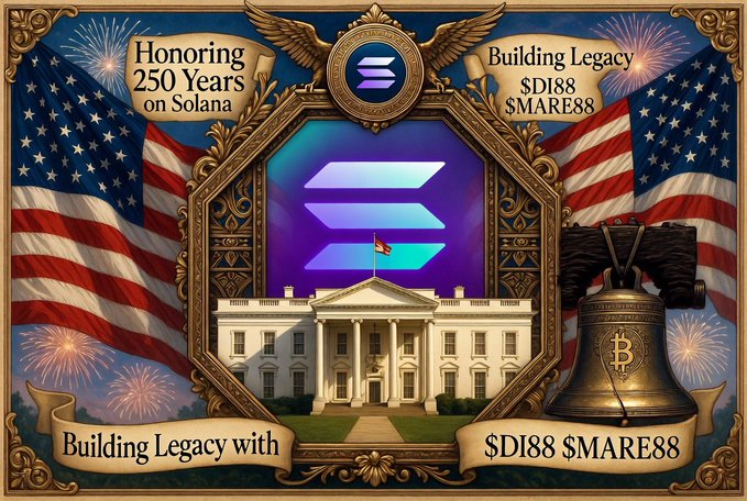 The image features a poster with an American flag at its center, surrounded by fireworks. The text on the poster reads "Honoring 250 Years of Building Legacy on Solana; Building Legacy with $D868Mare88". This suggests that the poster is promoting a cryptocurrency called Solana and highlighting its history in building legacy within the blockchain space.