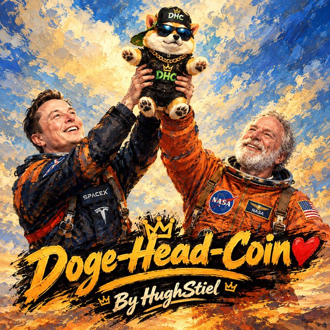 An illustrated painting showing Elon Musk in a SpaceX suit and another man in a NASA suit holding up a plush dog wearing "DHC" branded clothing, with text reading "Doge-Head-Coin ❤️ By HughStiel 👑".