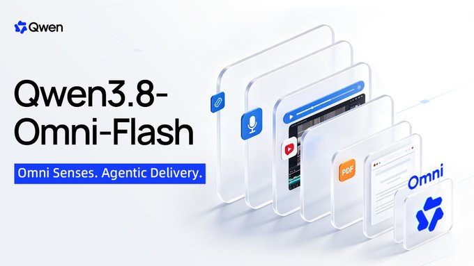 A promotional graphic for "Qwen3.8-Omni-Flash" featuring the tagline "Omni Senses. Agentic Delivery." alongside the Qwen logo and stylized 3D cards representing text, image, audio, video, and PDF processing capabilities through a single endpoint.