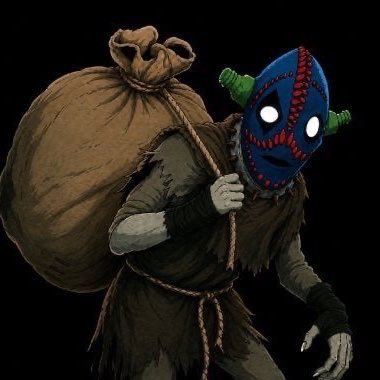 A dark fantasy illustration of a ragged figure carrying a large sack on its back, wearing a stitched blue mask with green horns and glowing white eyes.
