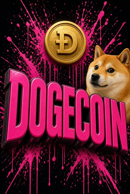 A graphic displaying the word 'DOGECOIN' in bold pink letters with a Dogecoin gold coin and a Shiba Inu dog against a black background with pink paint splatters.