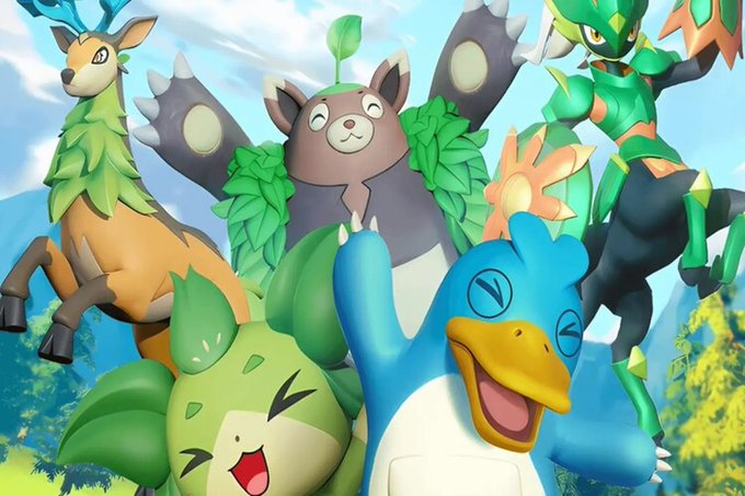 An illustration of various Pokémon, including a brown and green deer-like creature, a round gray and green creature, a green humanoid figure, a green plant-like creature, and a blue duck-like creature with an orange beak.
