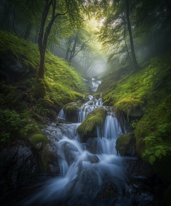 A lush, moss-covered forest scene with a cascading stream flowing down rocks, illuminated by soft sunlight filtering through the trees.