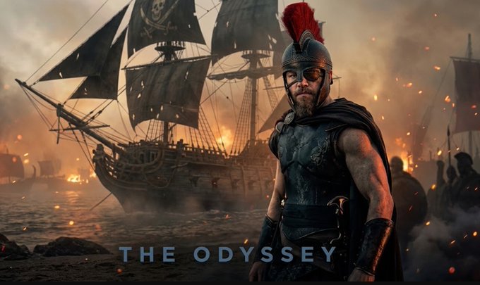 A cinematic promotional image titled 'THE ODYSSEY' depicting a warrior in a red-plumed Spartan helmet standing before burning ships and embers in a dramatic battle scene.