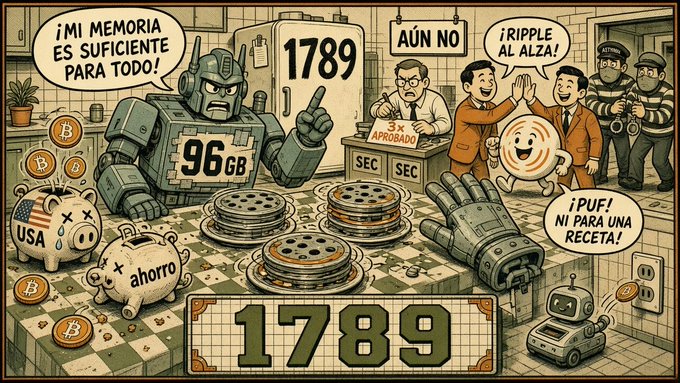 A satirical illustration showing a robot declaring '¡Mi memoria es suficiente para todo!' (96GB), a group of men at a counter approving '3x APROBADO SEC SEC,' men cheering '¡Ripple al alza!' around a Ripple coin, and defeated piggy banks labeled 'USA and 'ahorro,' with the number '1789' displayed prominently.