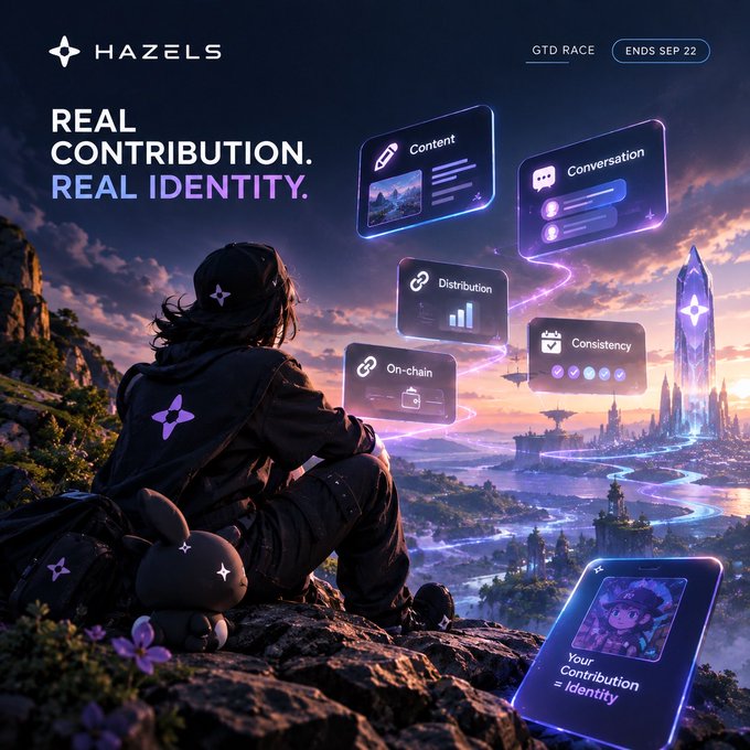A Hazels promotional graphic with the tagline 'REAL CONTRIBUTION. REAL IDENTITY.' showing a character overlooking a fantasy cityscape with floating panels labeled Content, Conversation, Distribution, Consistency, and On-chain, with a 'GTD RACE ENDS SEP 22' banner.