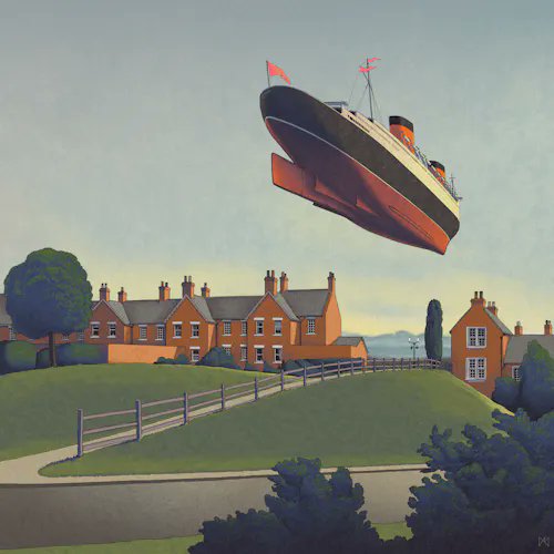 Surreal digital illustration depicting a large steamship floating in the sky above a quaint village of brick houses and rolling green hills.