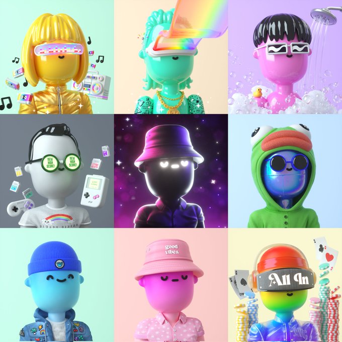 A 3x3 grid of nine colorful 3D-rendered cartoon characters in various styles wearing hats, glasses, and outfits with music notes and gaming items around them.