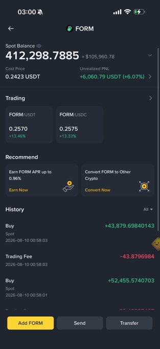 A cryptocurrency wallet screenshot showing a Spot Balance of 412,298.7885 FORM ($105,960.78) with +6.07% unrealized PNL, along with trading pairs and transaction history.