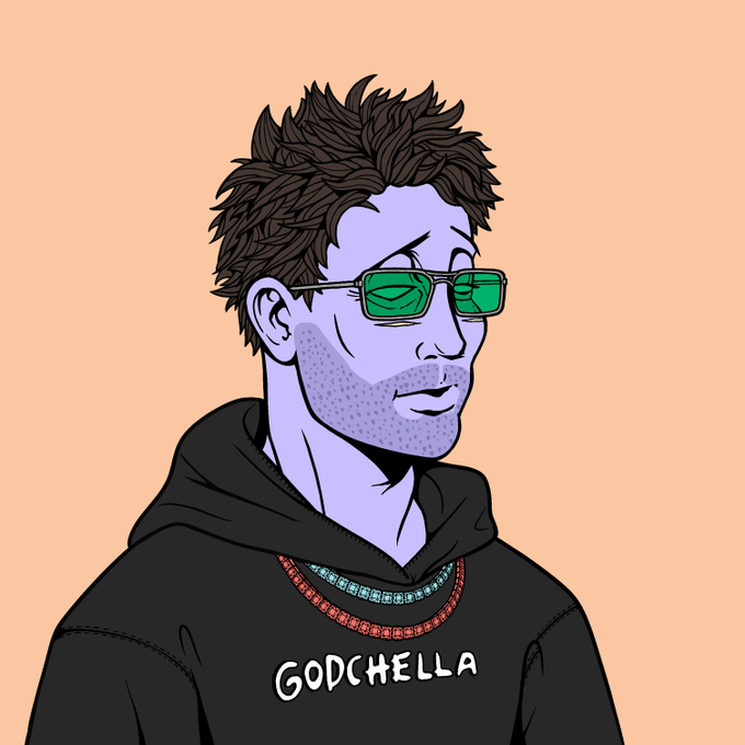 A cartoon-style portrait of a purple-skinned character with messy brown hair, stubble, green-tinted sunglasses, and a black 'GODCHELLA' hoodie against a peach background.