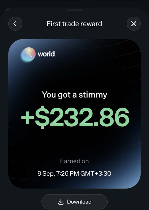 A smartphone screenshot shows a 'First trade reward' notification from 'world' displaying 'You got a stimmy +$232.86' earned on 9 Sep, 7:26 PM GMT+3:30.