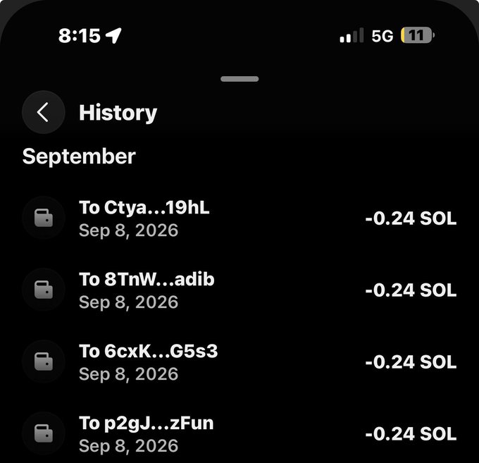 A mobile phone screenshot showing a 'History' page of transactions dated September 2026, with multiple outbound transfers of '-0.24 SOL' to various wallet IDs.