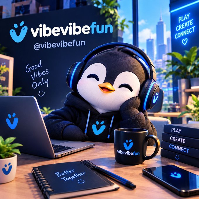 A cartoon penguin mascot wearing headphones and a 'vibevibefun' hoodie sitting at a desk with a laptop, coffee mug, notebook saying 'Better Together', and books labeled 'PLAY CREATE CONNECT'.