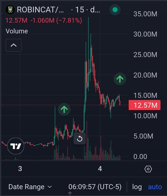 ROBINCAT token trading chart showing volume at 12.57M, down 7.81% (-1.060M) on a 15-day timeframe.