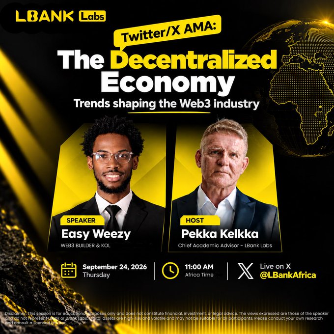 Promotional graphic for an LBank Labs Twitter/X AMA titled 'The Decentralized Economy: Trends shaping the Web3 industry,' featuring speaker Easy Weezy and host Pekka Kelkka on September 24, 2026, at 11:00 AM Africa Time, live on X @LBankAfrica.