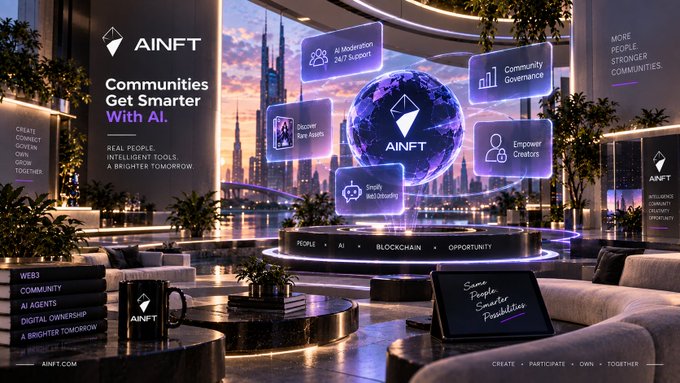 A futuristic, purple-toned promotional graphic for 'AINFT' with the tagline 'Communities Get Smarter With AI' and 'REAL PEOPLE, INTELLIGENT TOOLS, A BRIGHTER TOMORROW', showing a holographic globe and icons for AI Moderation, Community Governance, and Empower Creators.