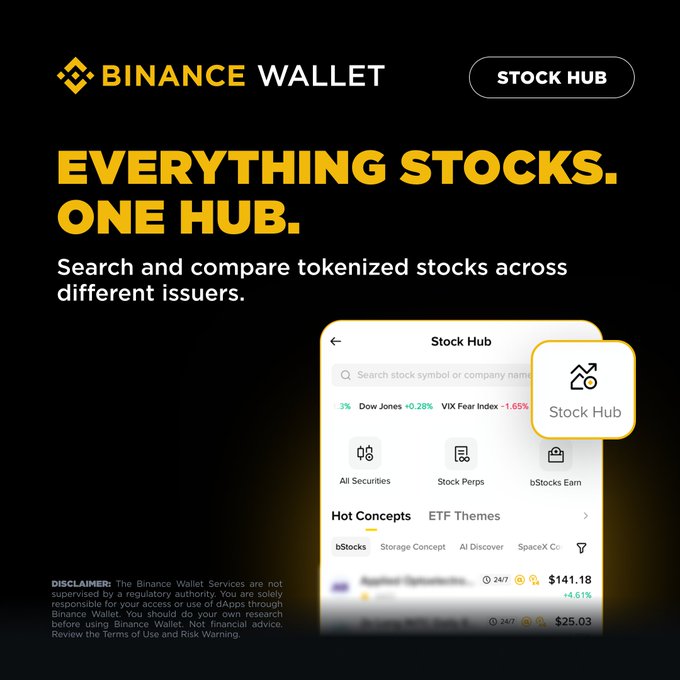 A Binance Wallet advertisement promoting 'Stock Hub' as 'EVERYTHING STOCKS. ONE HUB.' allowing users to search and compare tokenized stocks across different issuers.