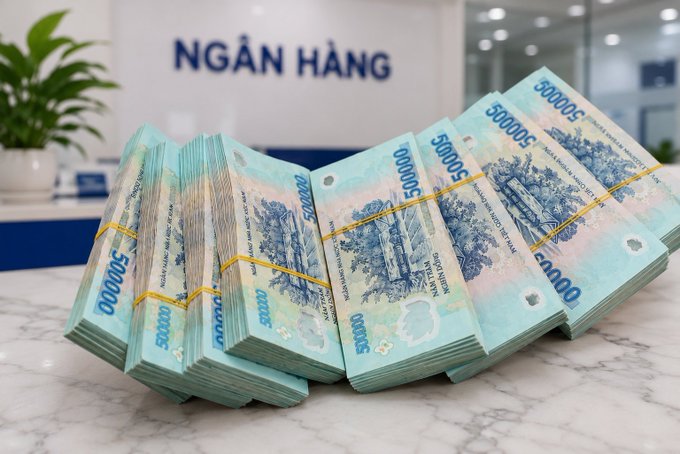 Stacks of 500,000 Vietnamese Dong banknotes arranged on a marble counter, with a sign reading 'NGÂN HÀNG' (Bank) in the background.