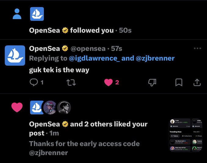 A Twitter notification feed showing OpenSea following the user, replying "guk tek is the way" to @igdlawrence_ and @zjbrenner, and liking their post thanking @zjbrenner for an early access code, with 2 hearts and an attached NFT "Trading Now" graphic.