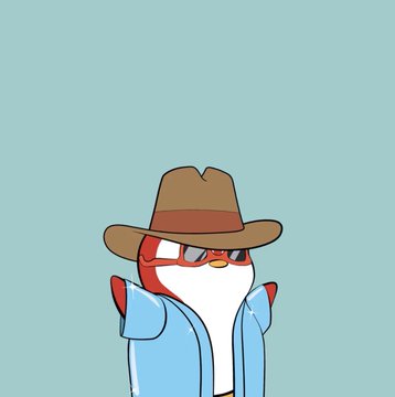 A cartoon character with red and white fur wearing a brown cowboy hat, sunglasses, and a blue coat against a light blue background.