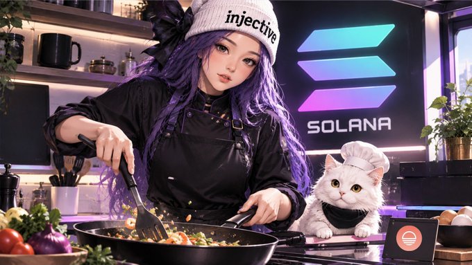 The image depicts a purple-haired anime-style chef wearing an "injective" beanie, cooking in a kitchen alongside a white cat chef, with a prominent Solana logo featuring the "$SOLANA" text displayed on a screen behind them, visually tying together the Injective-Solana partnership mentioned in the post about expanding reach and building.