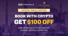 The image shows an advertisement for Travala's travel booking services with a promotion offering a $100 discount on flights, hotels, and activities. The text is written in white letters that stand out against the purple background of the advertisement.
