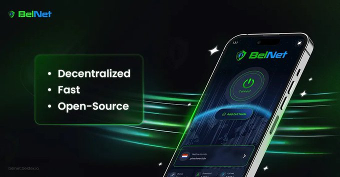 BeiNet promotional graphic highlighting the platform as Decentralized, Fast, and Open-Source, showing a smartphone displaying the BeiNet app interface with a connect button.