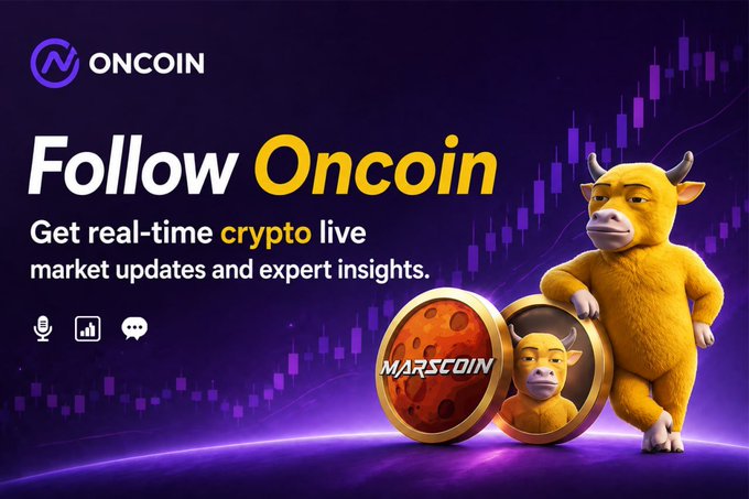 Promotional banner for 'Oncoin' advertising real-time crypto market updates and expert insights, featuring a 3D bull mascot and Marscoin tokens.