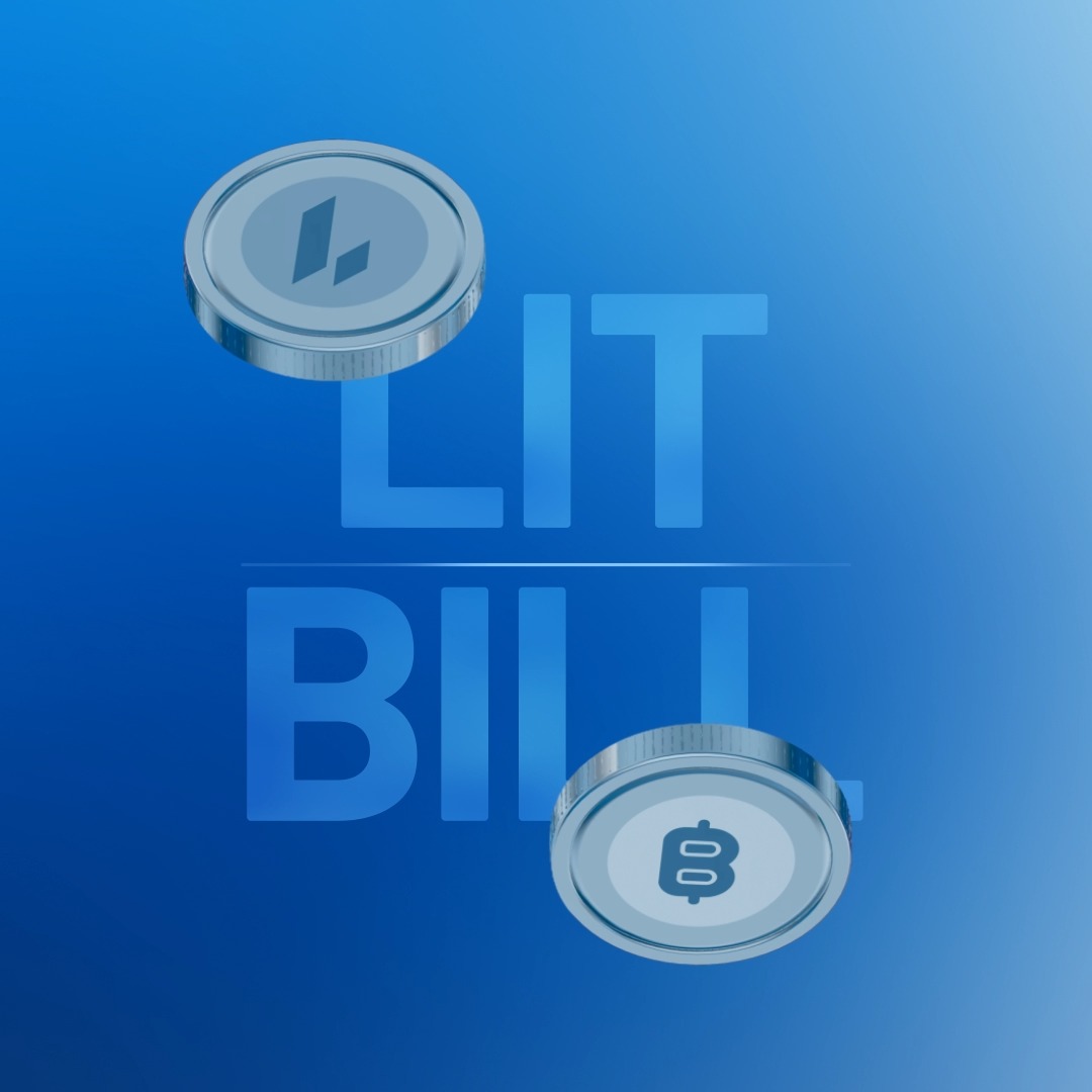 A promotional graphic on a blue gradient background features two metallic coins—one displaying the Lighter (LIT) logo and another showing the Billions Network (BILL) logo—positioned around large translucent "LIT" and "BILL" text, visually announcing the listing of these tokens on BtcTurk with deposits now open.