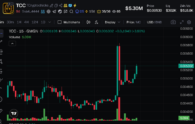 A 15-minute candlestick chart of TCC (TCryptochicks) on GMGN shows a price of $0.005302 (+3.80%) with $5.30M liquidity and $302K 24h volume, displaying a sharp price spike followed by volatile consolidation. The chart supports the post's claim of TCC's potential Binance Alpha listing as a low-supply charity memecoin, illustrating recent upward momentum that aligns with its narrative of contributing to GiggleAcademy.