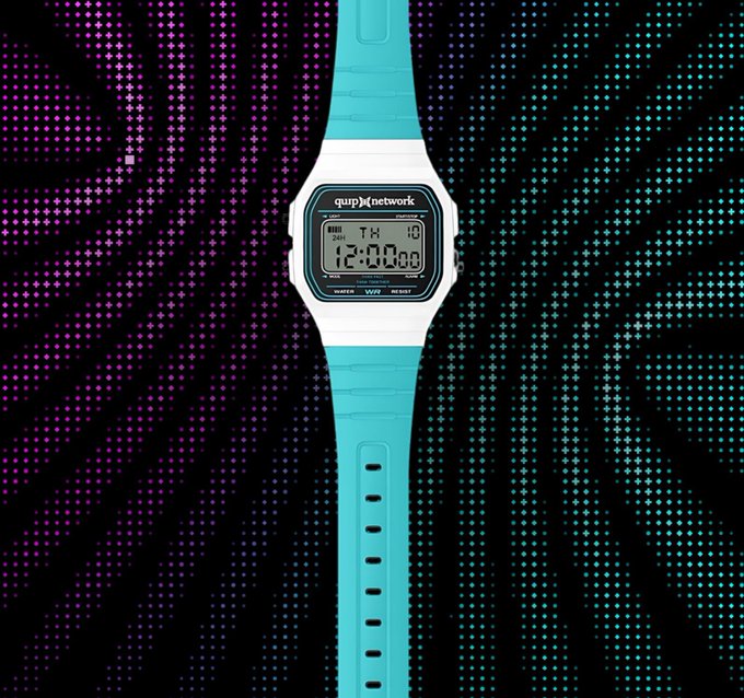 A white and teal digital wristwatch displaying the time 12:00 with the text 'qubic.network' on the face is shown against a colorful purple and teal dotted background.
