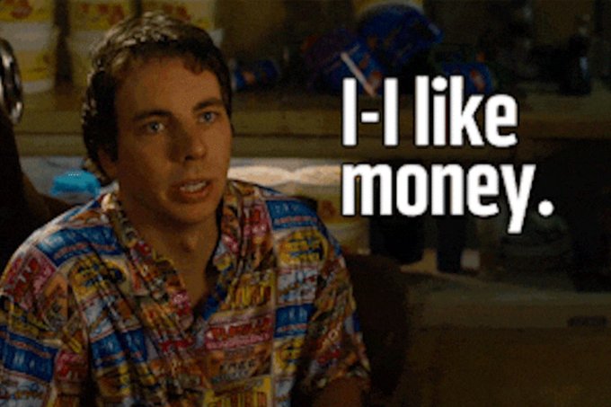 A young man in a colorful patterned shirt looks directly at the camera with the overlaid text "I-I like money." The caption's casual crypto "gm" greeting and "$MfT" ticker pair with the image's blunt confession, playfully framing profit-chasing as an earnest, unfiltered mantra for the community.