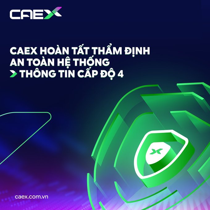A dark blue and green CAEX promotional graphic reading “CAEX HOÀN TẤT THẨM ĐỊNH AN TOÀN HỆ THỐNG > THÔNG TIN CẤP ĐỘ 4,” with “caex.com.vn” at the bottom.