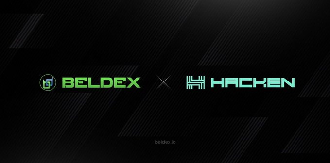 A dark promotional banner displaying logos for 'BELDEX' and 'HACKEN' separated by an 'X', with the URL 'beldex.io' below.