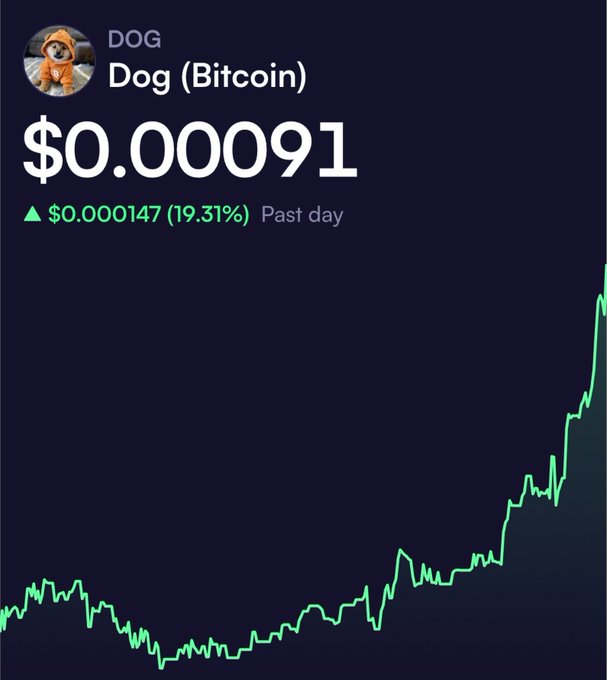 The image shows a cryptocurrency price chart for Dog (Bitcoin) with the ticker DOG, currently priced at $0.00091, up 19.31% ($0.000147) over the past day with a strong upward trend. This aligns with the post's "$DOG Army!!!! PUMP" message, visually confirming the significant price surge being celebrated by the community.