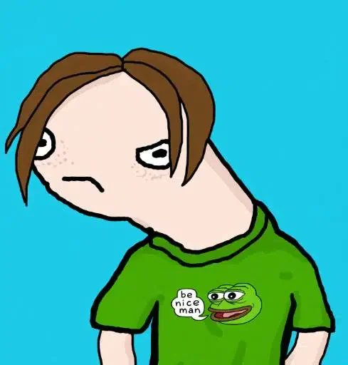 A cartoon illustration of a character with brown hair wearing a green t-shirt featuring Pepe the Frog with a speech bubble saying 'be nice man' against a teal background.