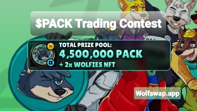 A '$PACK Trading Contest' advertisement shows a prize pool of '4,500,000 PACK + 2x WOLFIES NFT' with cartoon wolf and fox characters and the website 'Wolfswap.app'.